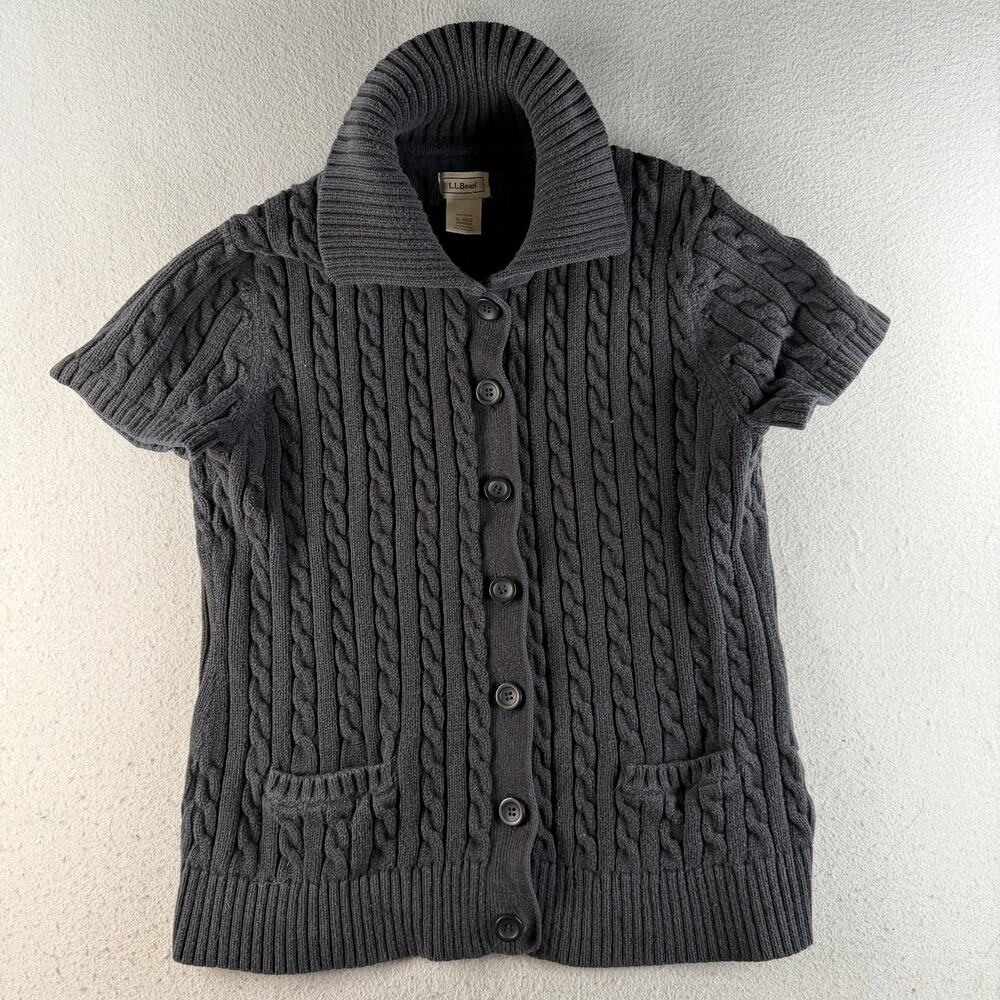 L.L.Bean Women's XL Black Cable Knit Short Sleeve Cardigan Cotton Button Sweater